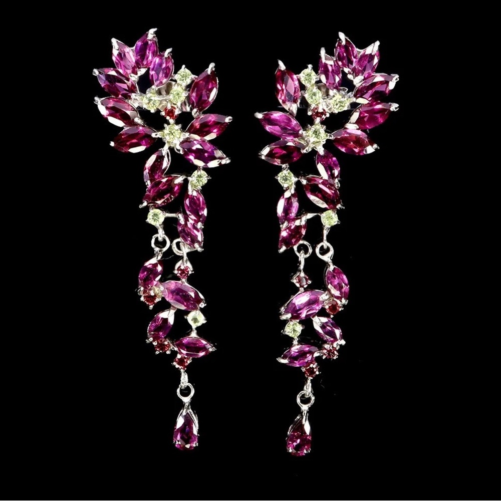 Stunning Marquise Pink/Red Natural Garnet & Peridot Earrings 925 Sterling Silver